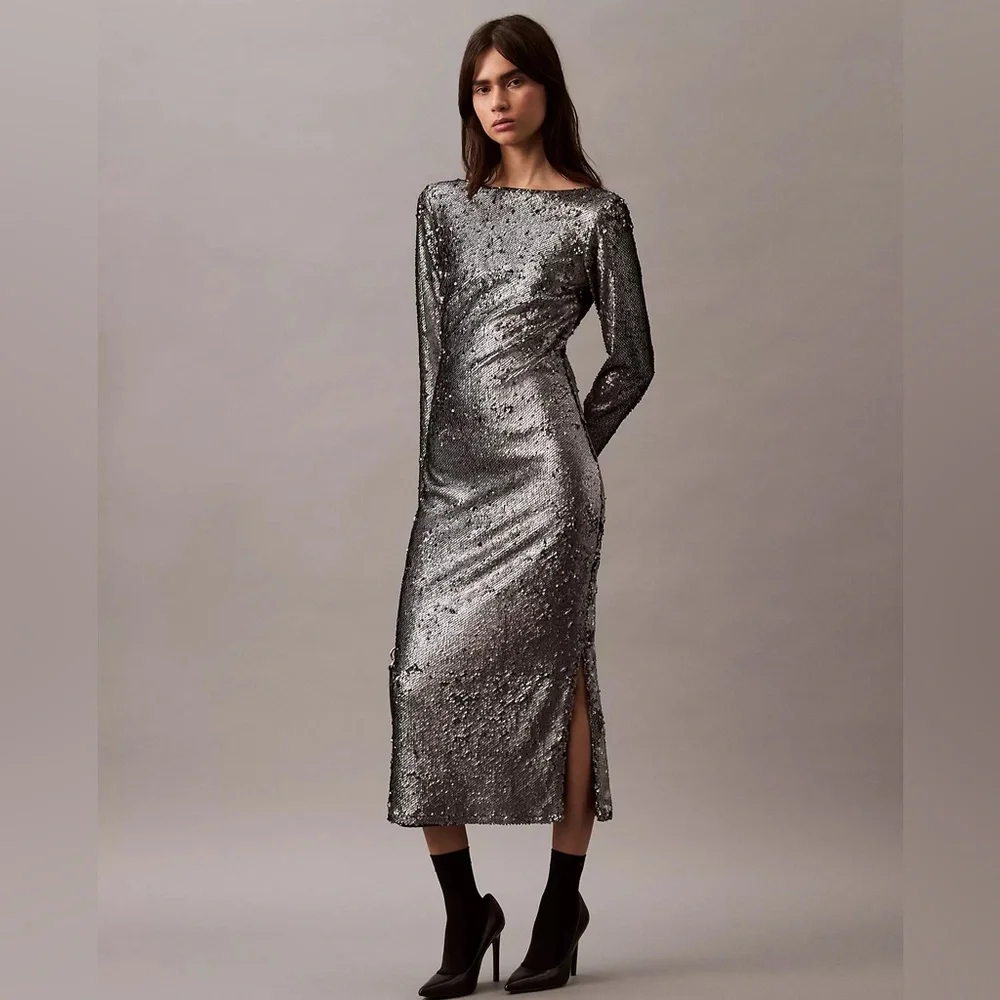 Calvin Klein Silver Sequin Midi Dress - Picture 2 of 12
